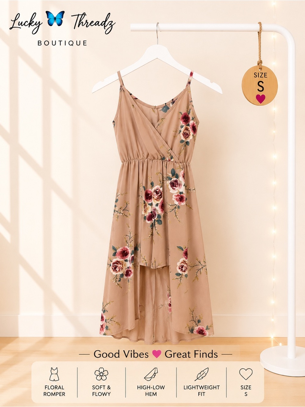 Floral High Low Romper Maxi Dress Overlay Skort Strappy Tan S